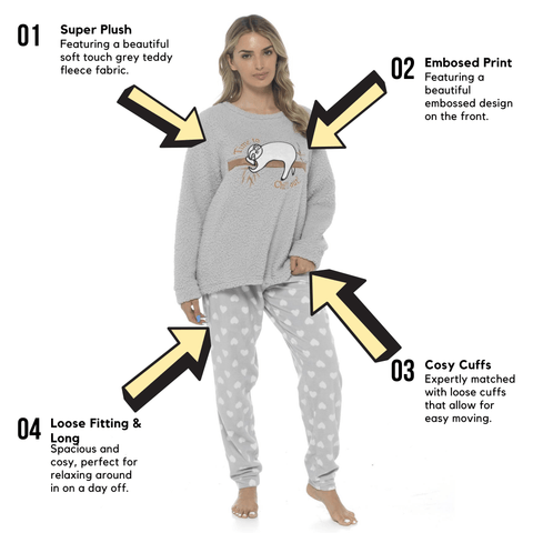 OLIVIA ROCCO Women's Sloth Teddy Fleece Pyjama Set Plush Nightwear Soft Cozy Loungewear With Adorable Sloth Design Ideal Gift