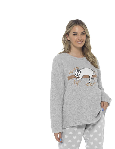 OLIVIA ROCCO Women's Sloth Teddy Fleece Pyjama Set Plush Nightwear Soft Cozy Loungewear With Adorable Sloth Design Ideal Gift