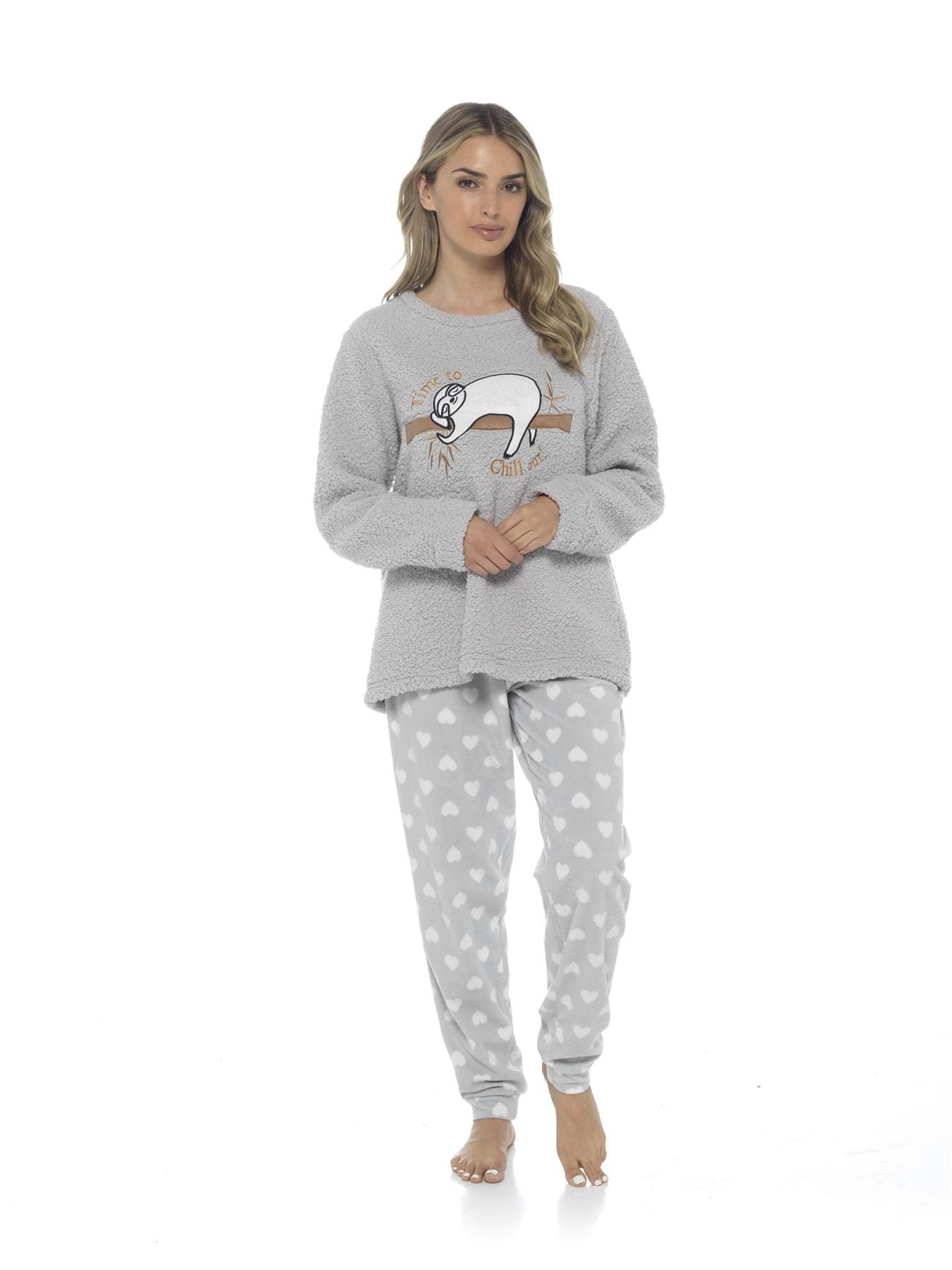 OLIVIA ROCCO Women's Sloth Teddy Fleece Pyjama Set Plush Nightwear Soft Cozy Loungewear With Adorable Sloth Design Ideal Gift