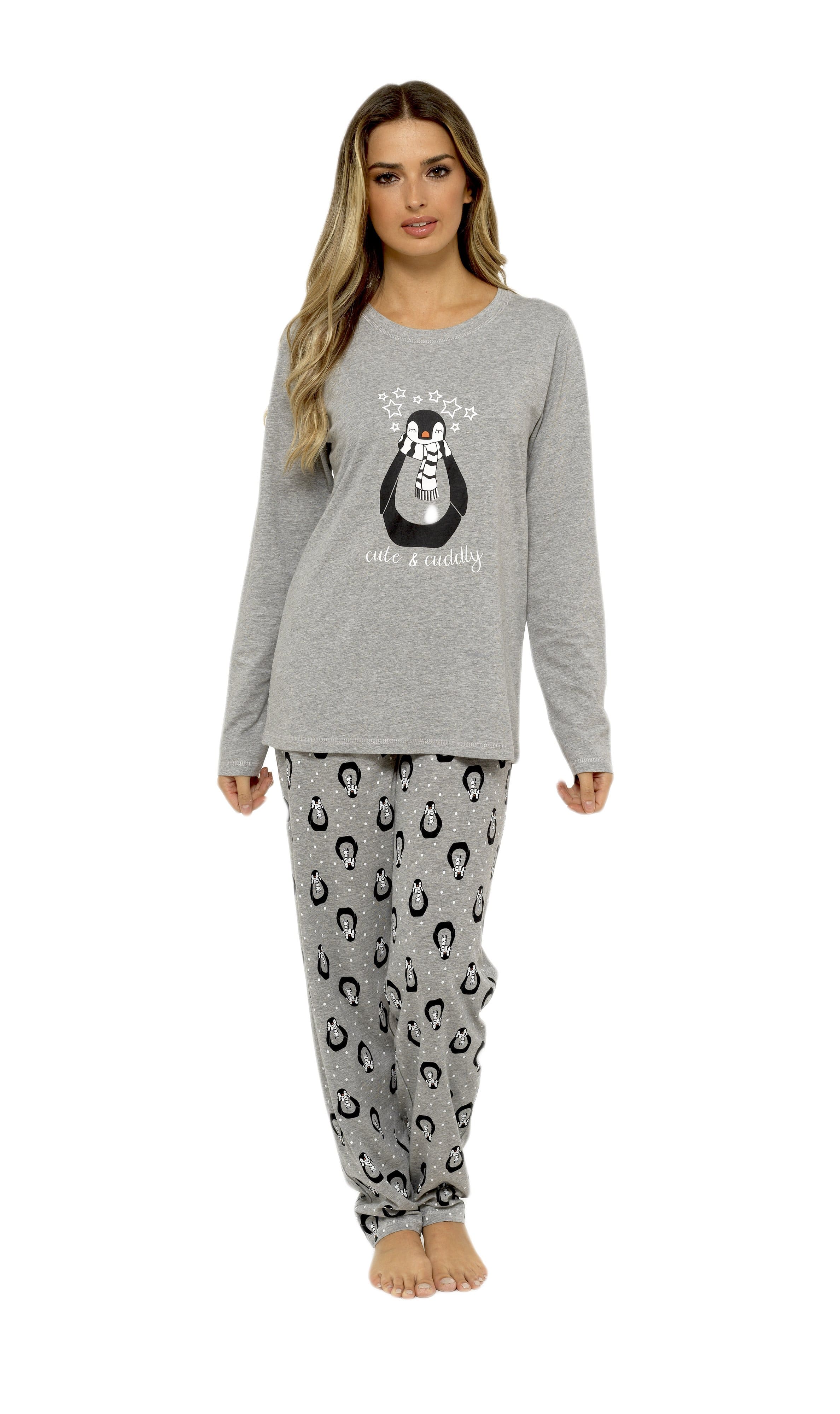 OLIVIA ROCCO Women's Penguin Stars Grey Cotton Pyjama Set With Long Sleeve Top And Elasticated Bottoms Made From 100 Percent Pure Cotton
