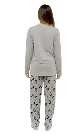OLIVIA ROCCO Women's Penguin Stars Grey Cotton Pyjama Set With Long Sleeve Top And Elasticated Bottoms Made From 100 Percent Pure Cotton