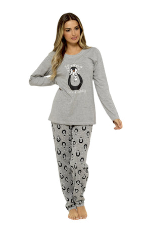 OLIVIA ROCCO Women's Penguin Stars Grey Cotton Pyjama Set With Long Sleeve Top And Elasticated Bottoms Made From 100 Percent Pure Cotton