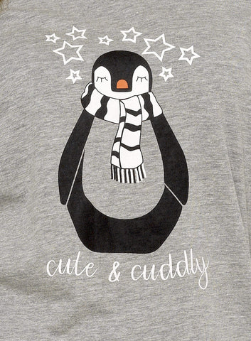 OLIVIA ROCCO Women's Penguin Stars Grey Cotton Pyjama Set With Long Sleeve Top And Elasticated Bottoms Made From 100 Percent Pure Cotton