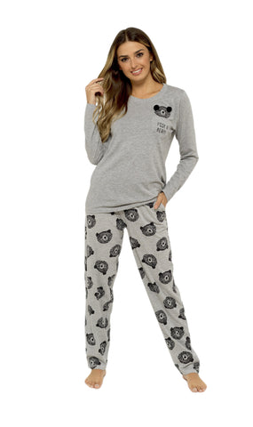 OLIVIA ROCCO Womens Grey Cotton Pyjama Set With Teddy Bear Design Long Sleeve Top Elasticated Bottoms Cosy Breathable Nightwear In Various Sizes