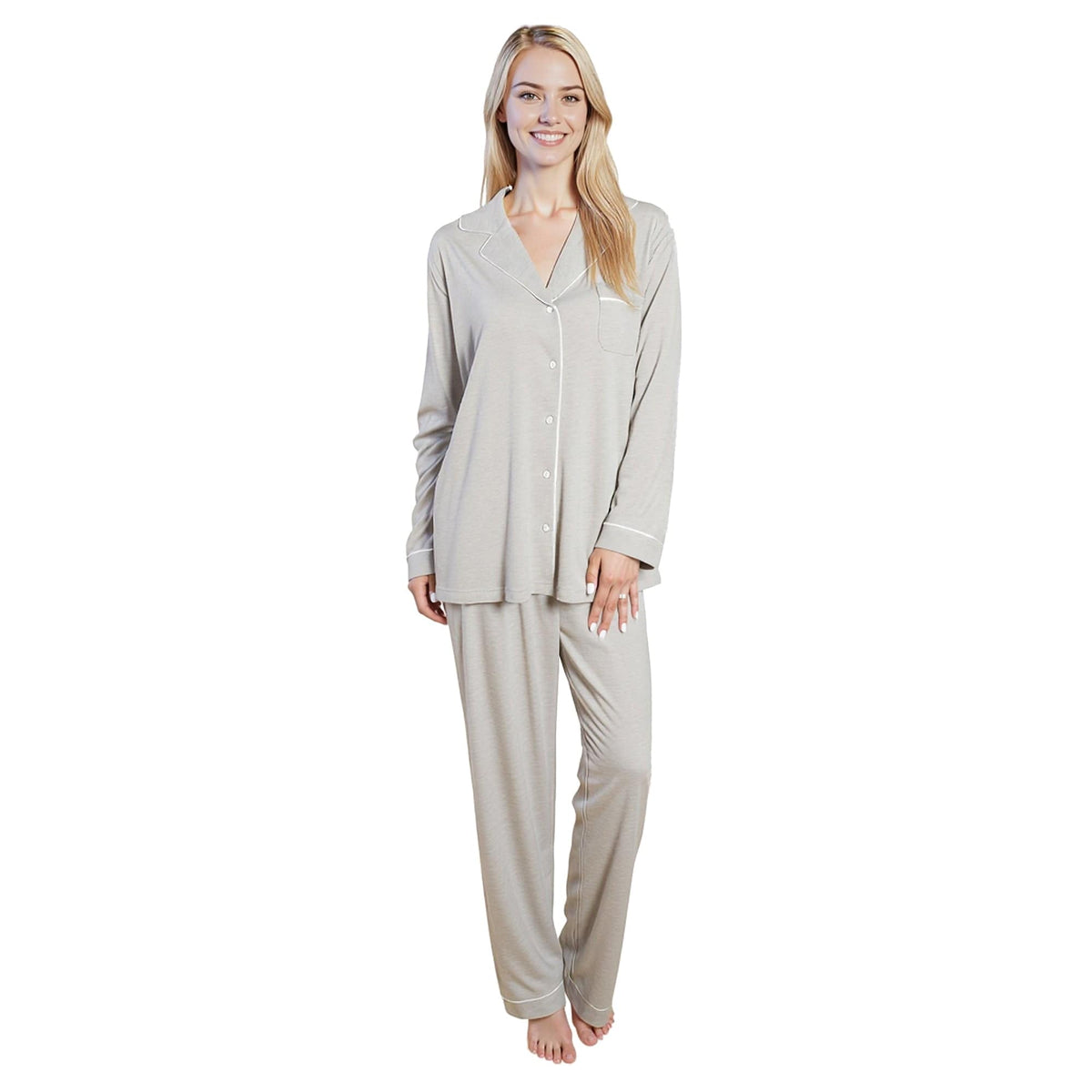 OLIVIA ROCCO Womens Grey Pyjama Set Soft Touch Long Sleeve Button Up Top And Bottoms Two Piece Nightwear Daisy Dreamer Lounge Wear