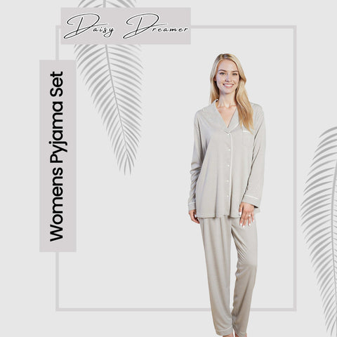 OLIVIA ROCCO Womens Grey Pyjama Set Soft Touch Long Sleeve Button Up Top And Bottoms Two Piece Nightwear Daisy Dreamer Lounge Wear