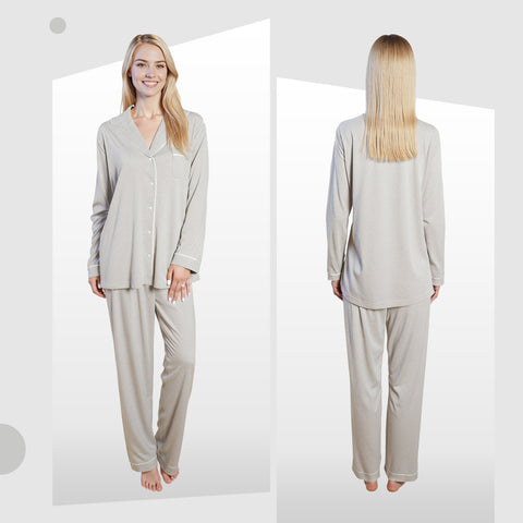 OLIVIA ROCCO Womens Grey Pyjama Set Soft Touch Long Sleeve Button Up Top And Bottoms Two Piece Nightwear Daisy Dreamer Lounge Wear