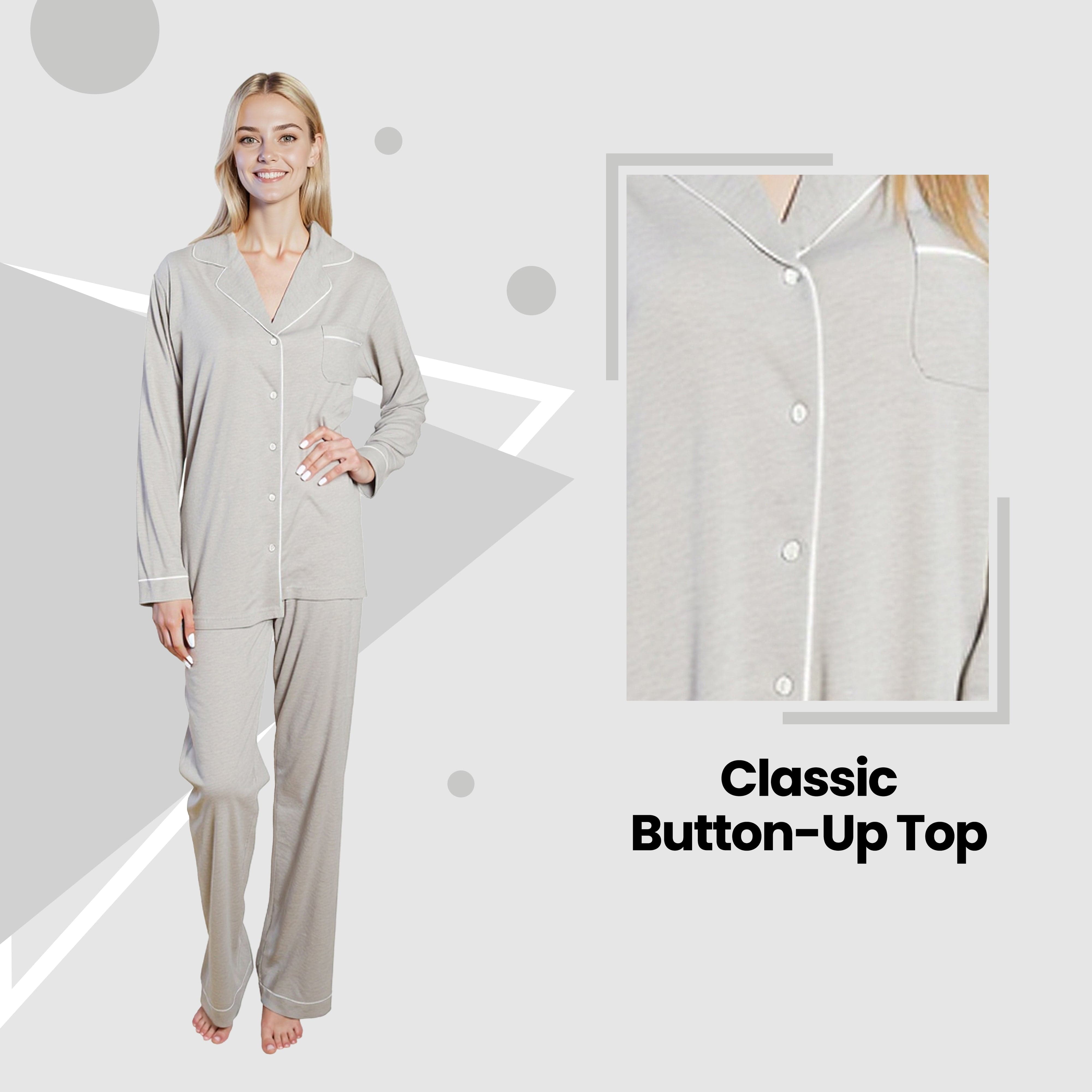 OLIVIA ROCCO Womens Grey Pyjama Set Soft Touch Long Sleeve Button Up Top And Bottoms Two Piece Nightwear Daisy Dreamer Lounge Wear