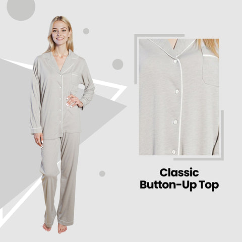 OLIVIA ROCCO Womens Grey Pyjama Set Soft Touch Long Sleeve Button Up Top And Bottoms Two Piece Nightwear Daisy Dreamer Lounge Wear