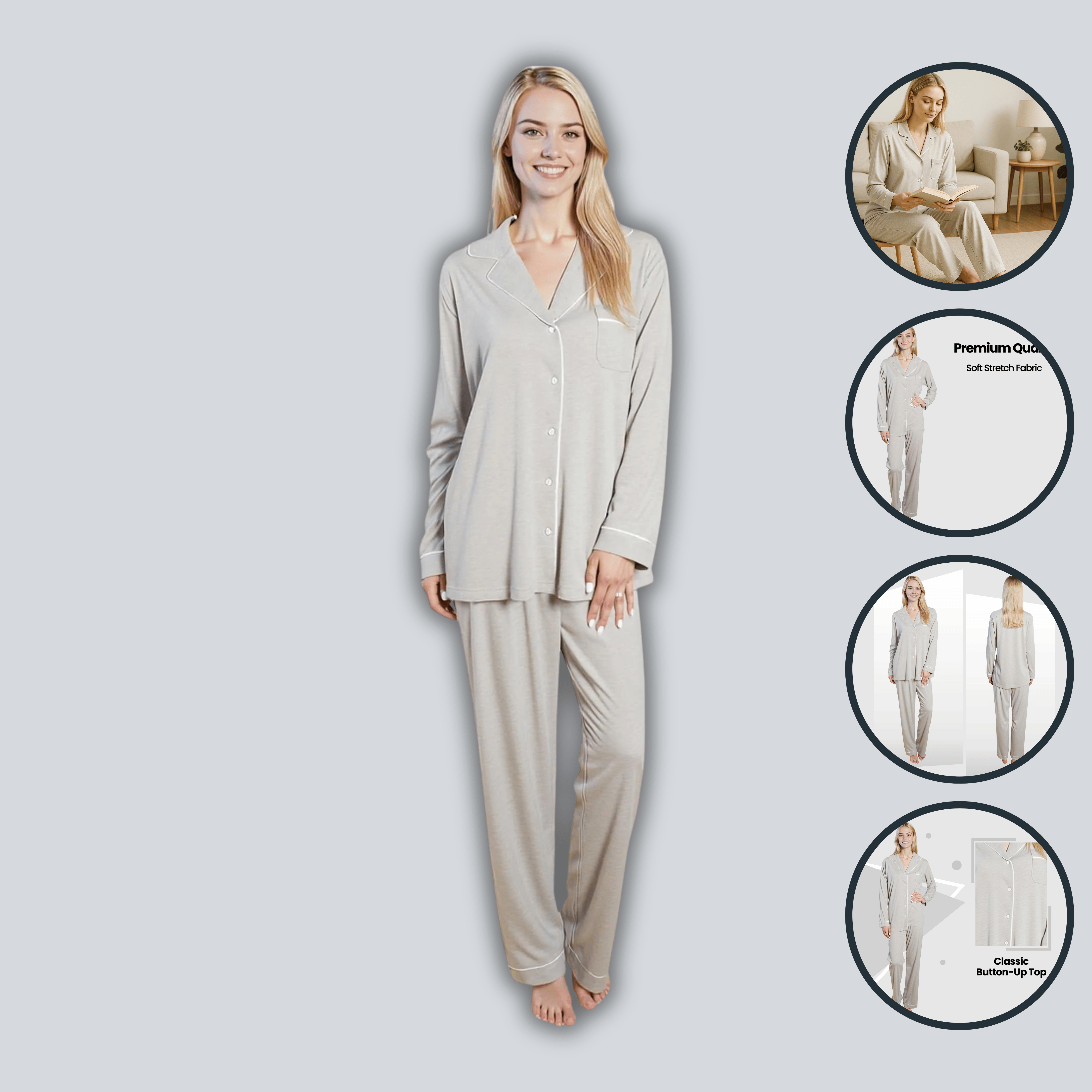 OLIVIA ROCCO Womens Grey Pyjama Set Soft Touch Long Sleeve Button Up Top And Bottoms Two Piece Nightwear Daisy Dreamer Lounge Wear
