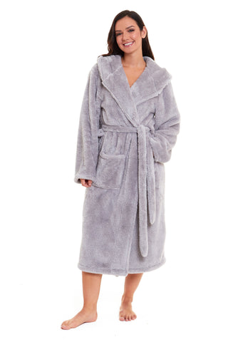 OLIVIA ROCCO Hooded Robe Women Grey Velvet Touch Fleece Luxuriously Soft Durable Loungewear Dressing Gown UK Sizes 8 to 22 Comfort