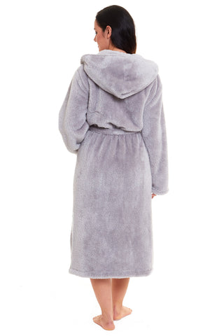 OLIVIA ROCCO Hooded Robe Women Grey Velvet Touch Fleece Luxuriously Soft Durable Loungewear Dressing Gown UK Sizes 8 to 22 Comfort