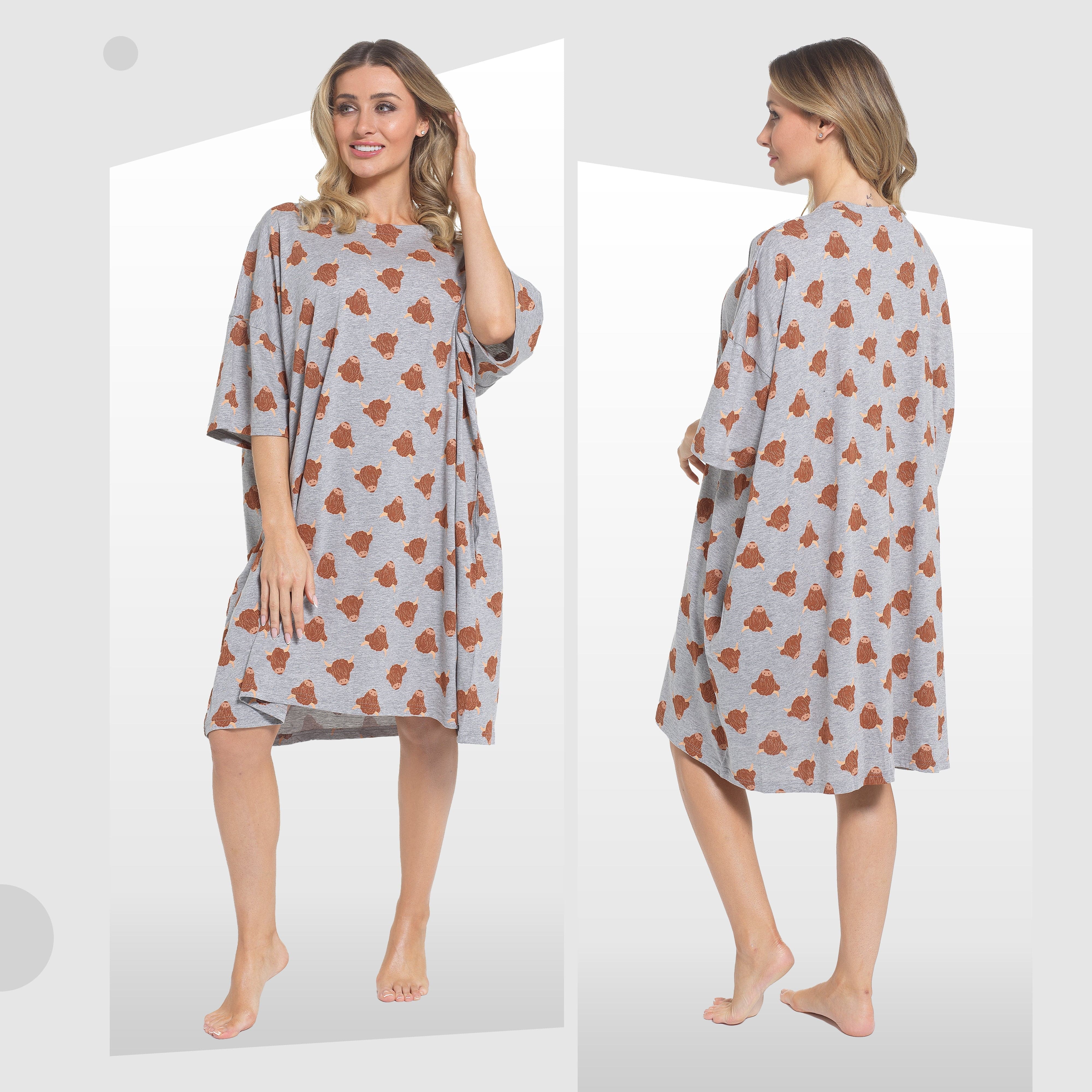 OLIVIA ROCCO Ladies Highland Cow Cream Baggy Nightdress Oversized T Shirt Nightshirt 100 Percent Cotton Short Sleeve Lounging