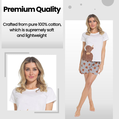 OLIVIA ROCCO Women's Highland Cow Pyjama Set T Shirt And Shorts PJs Soft Cotton Loungewear Daisy Dreamer Summer Sleepwear For Holidays