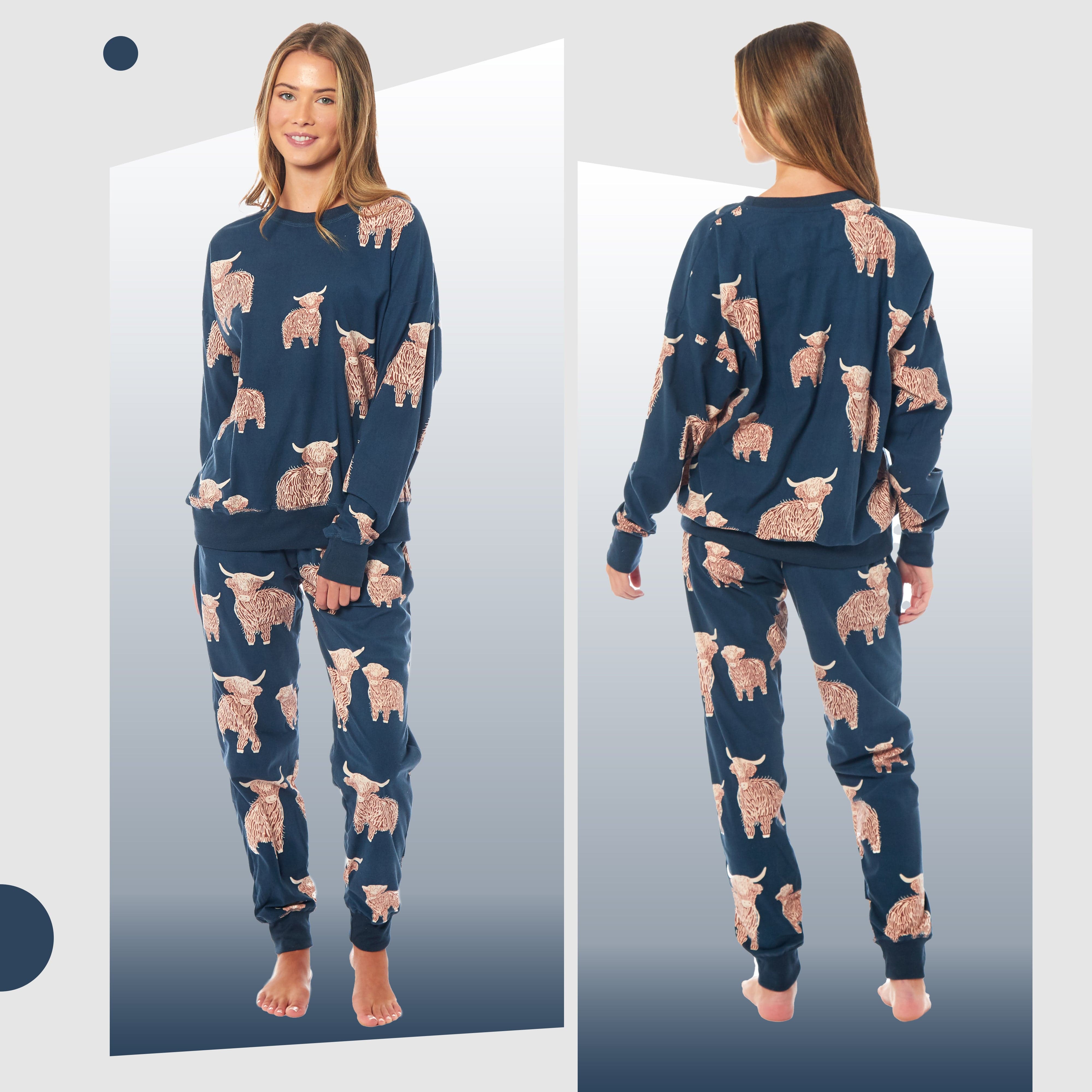 OLIVIA ROCCO Women's Fleece Pyjama Set Highland Cow Print Long Sleeve Soft Warm Sleepwear Loungewear By Daisy Dreamer For Ladies