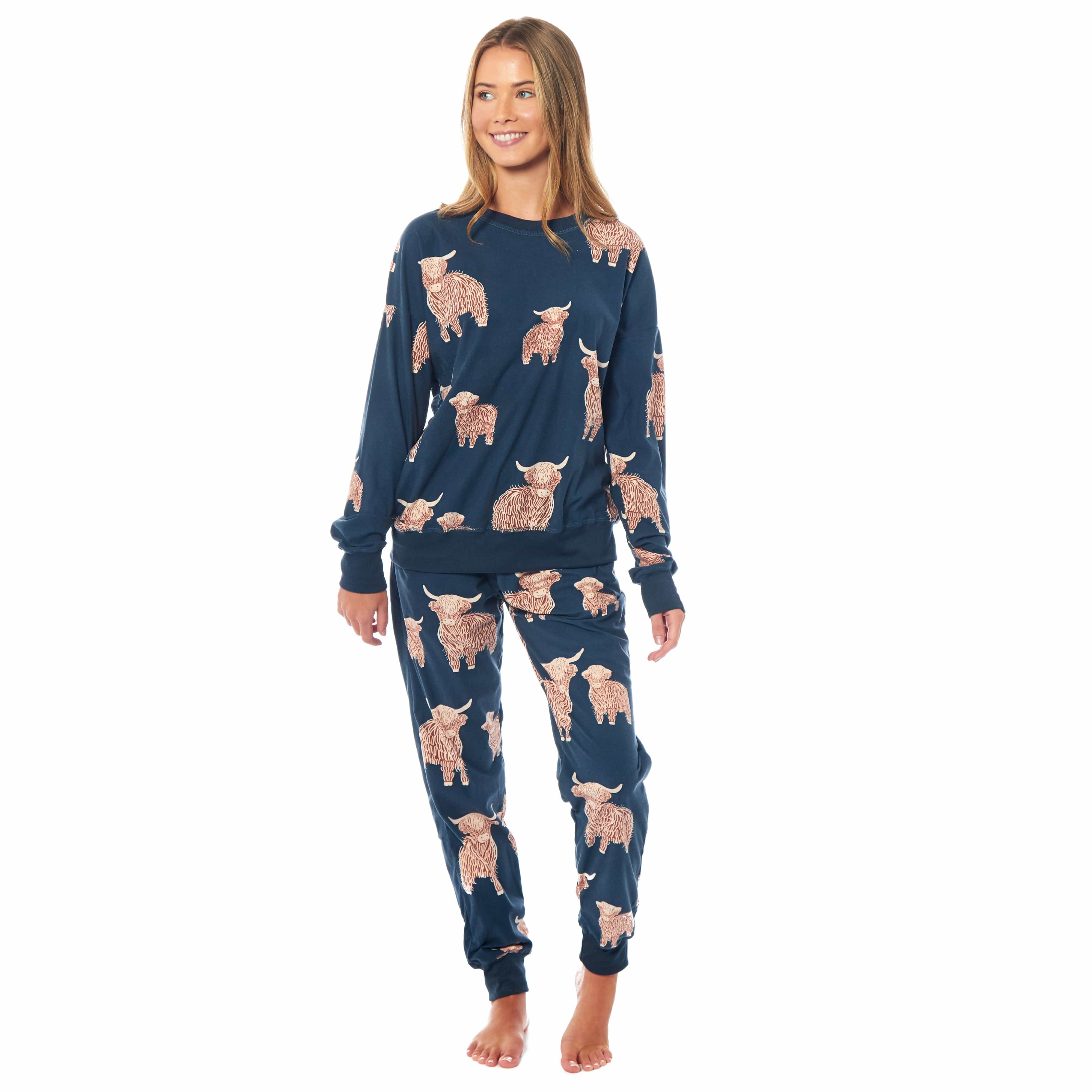 OLIVIA ROCCO Women's Fleece Pyjama Set Highland Cow Print Long Sleeve Soft Warm Sleepwear Loungewear By Daisy Dreamer For Ladies