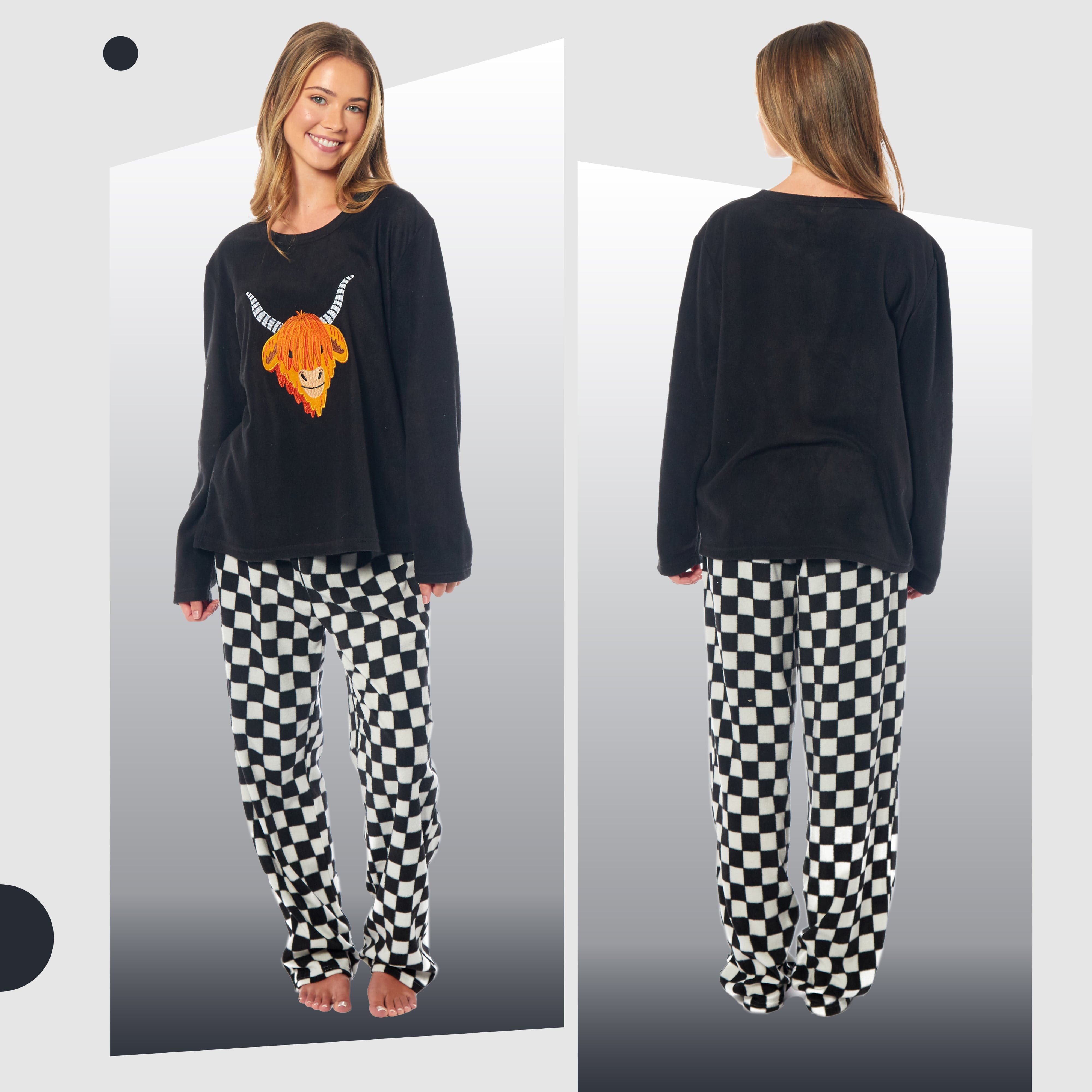 OLIVIA ROCCO Womens Thermal Fleece Pyjamas Set Highland Cow Animal Print Long Sleeve Top And Bottom Polyester Cozy Sleepwear