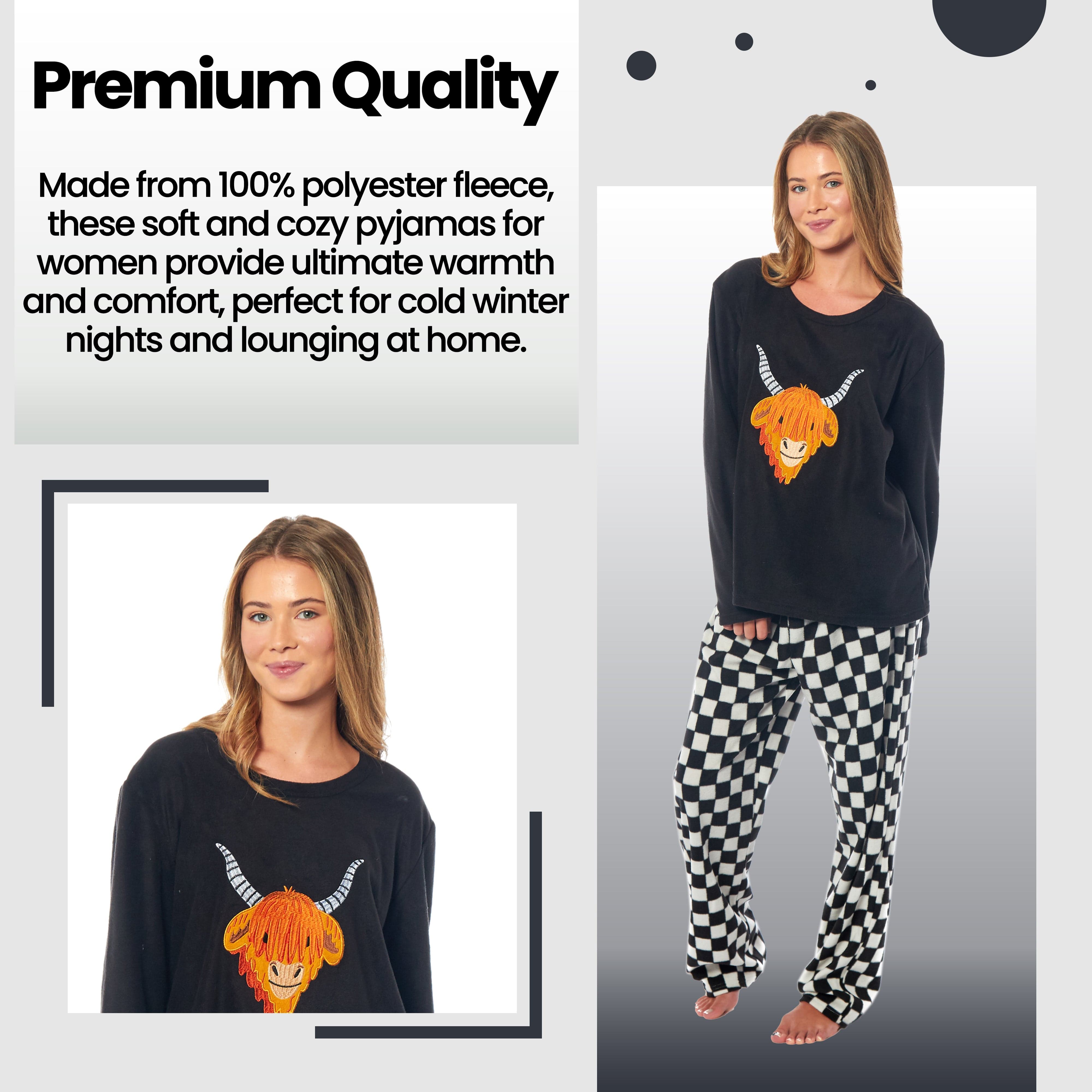 OLIVIA ROCCO Womens Thermal Fleece Pyjamas Set Highland Cow Animal Print Long Sleeve Top And Bottom Polyester Cozy Sleepwear