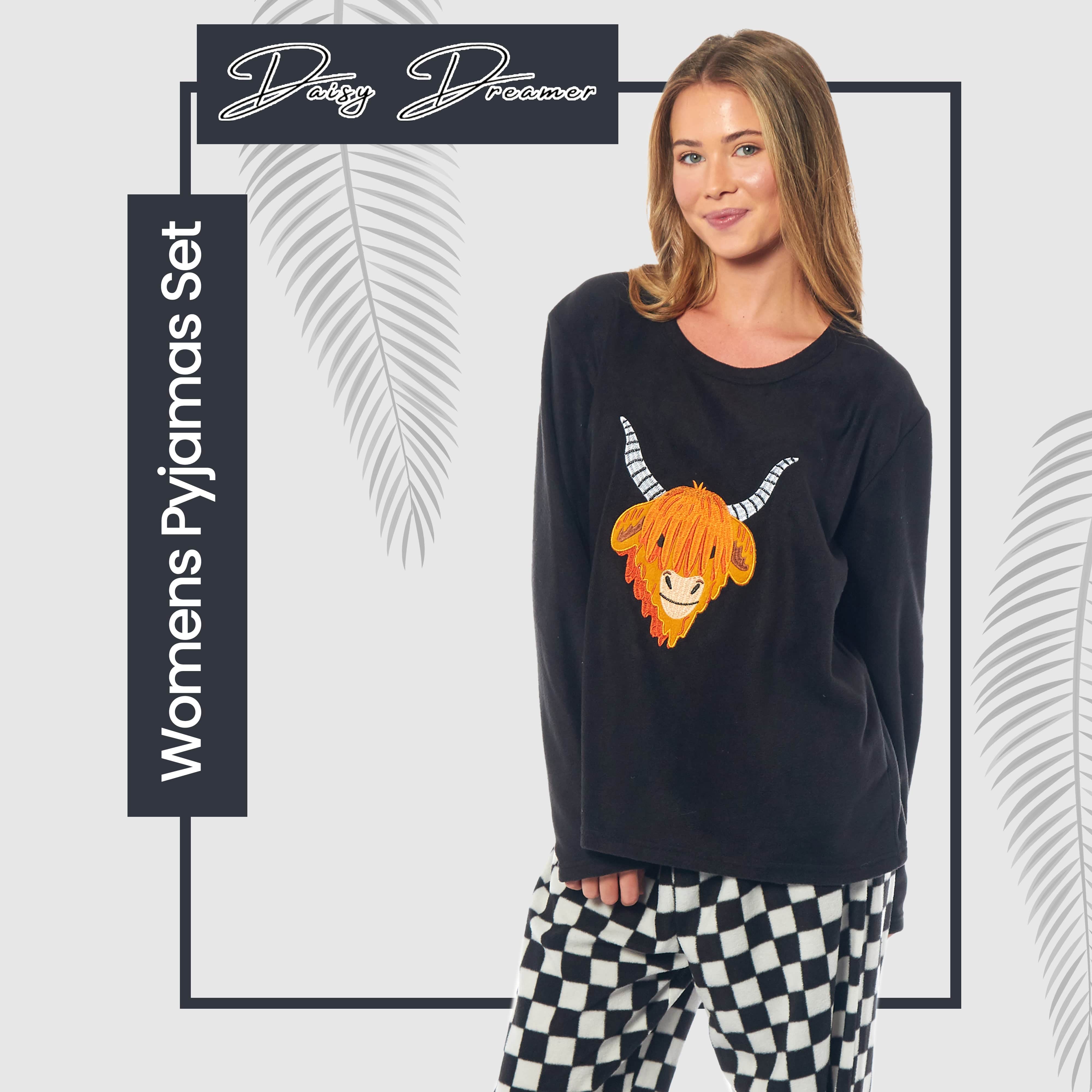 OLIVIA ROCCO Womens Thermal Fleece Pyjamas Set Highland Cow Animal Print Long Sleeve Top And Bottom Polyester Cozy Sleepwear