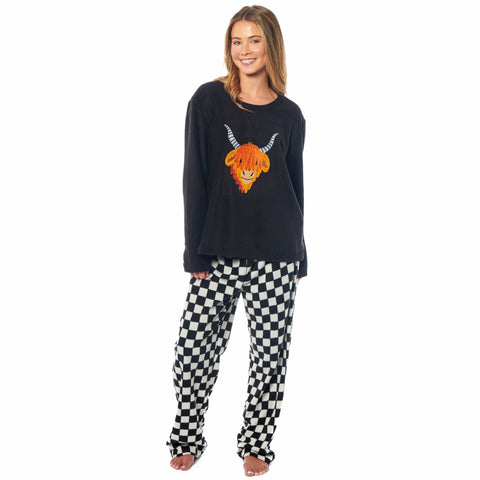 OLIVIA ROCCO Womens Thermal Fleece Pyjamas Set Highland Cow Animal Print Long Sleeve Top And Bottom Polyester Cozy Sleepwear