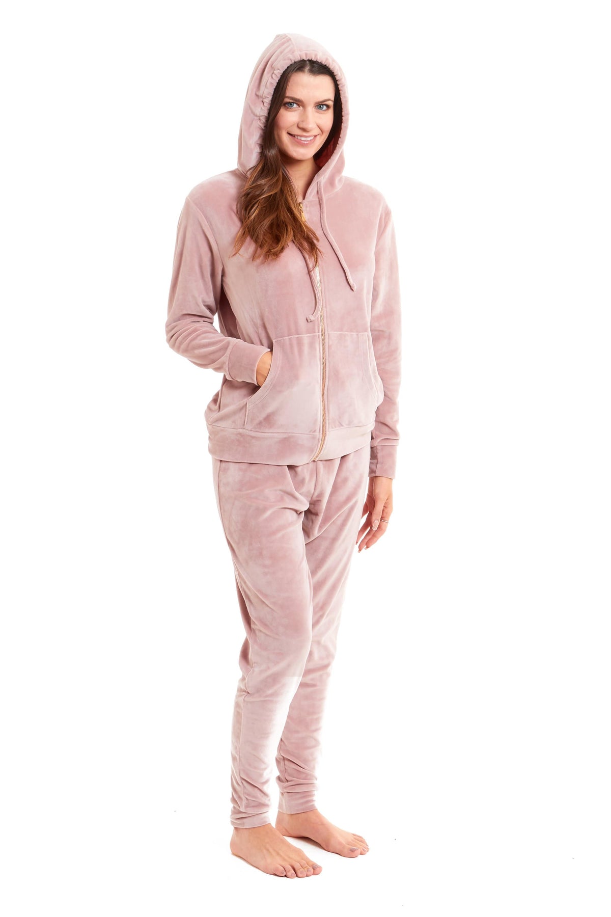 OLIVIA ROCCO Womens Hooded Velour Lounge Set With Zipped Top And Elasticated Waistband Soft Stretchable Nightwear UK Sizes 8-22