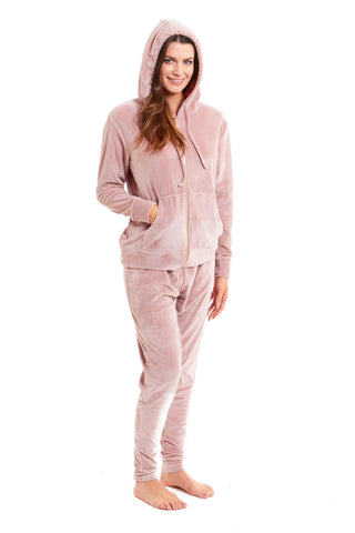 OLIVIA ROCCO Womens Hooded Velour Lounge Set With Zipped Top And Elasticated Waistband Soft Stretchable Nightwear UK Sizes 8-22