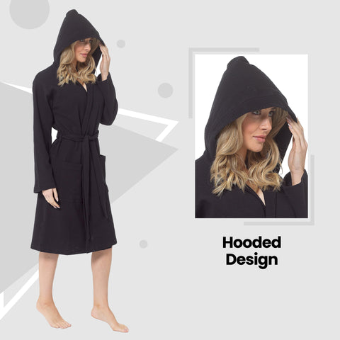 OLIVIA ROCCO Women's Hooded Waffle Cotton Bathrobe Black 100 Percent Cotton Absorbent Spa Dressing Gown For Home Travel