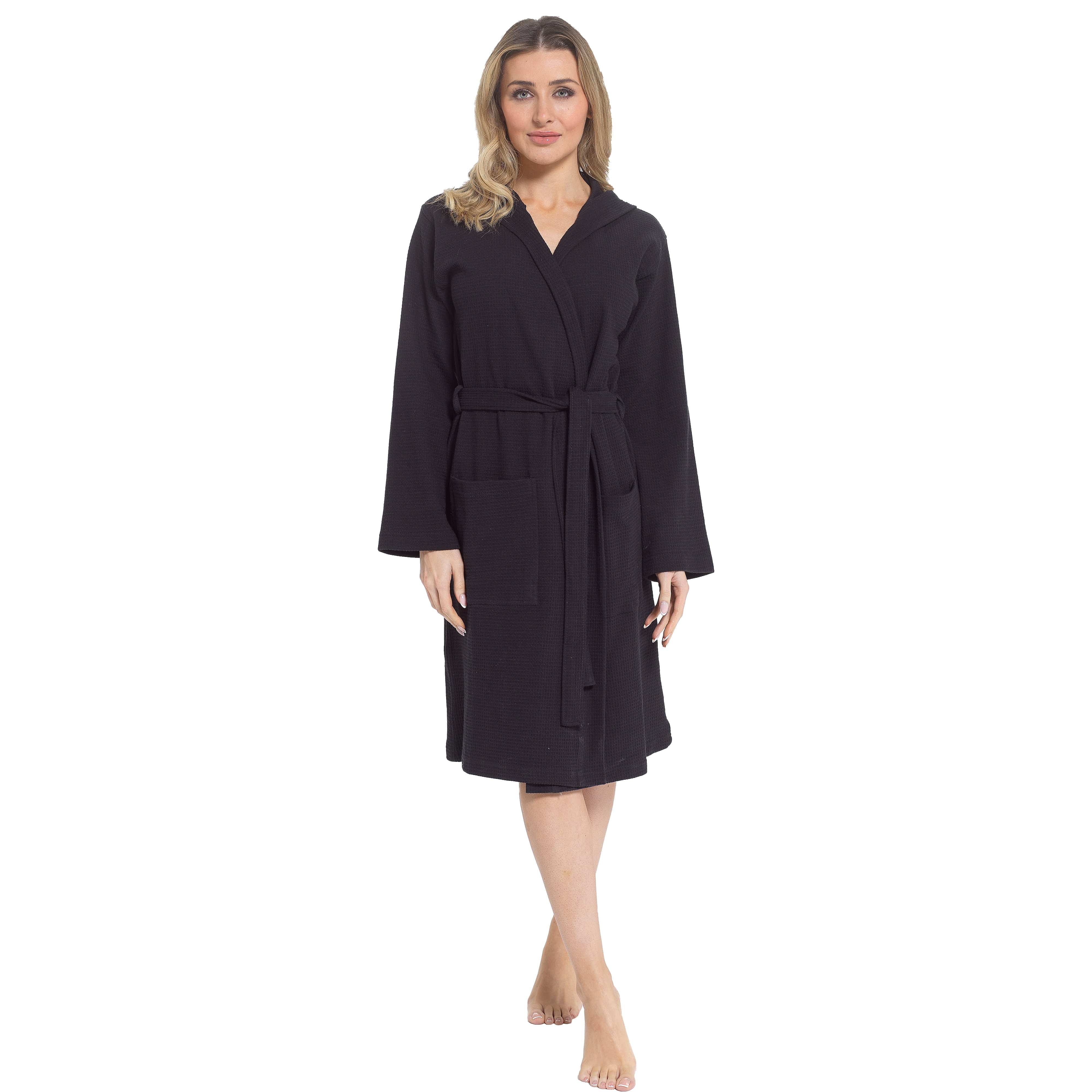 OLIVIA ROCCO Women's Hooded Waffle Cotton Bathrobe Black 100 Percent Cotton Absorbent Spa Dressing Gown For Home Travel