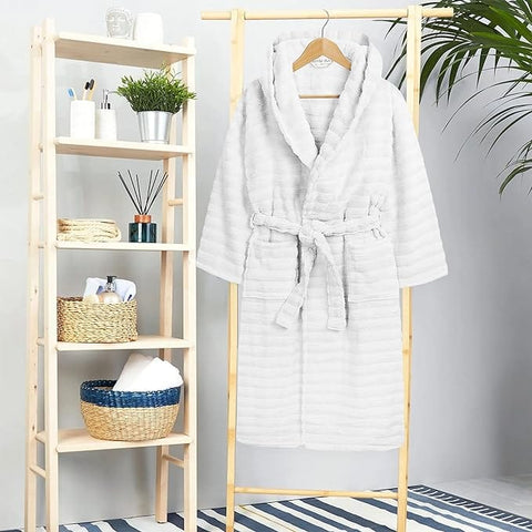 OLIVIA ROCCO Hydro Ribbed Ultra Soft 100 Percent Cotton Hooded Bath Robe With Pockets And Belt White And Grey Luxury Terry Towelling Loungewear