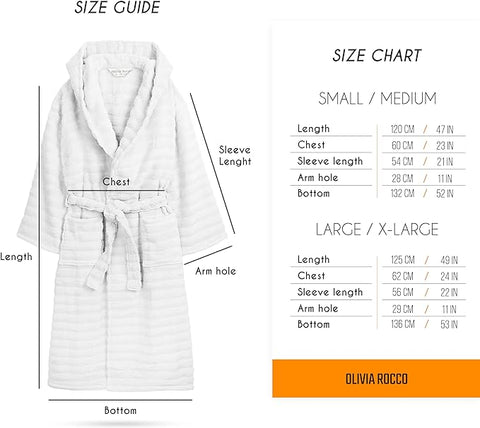 OLIVIA ROCCO Hydro Ribbed Ultra Soft 100 Percent Cotton Hooded Bath Robe With Pockets And Belt White And Grey Luxury Terry Towelling Loungewear