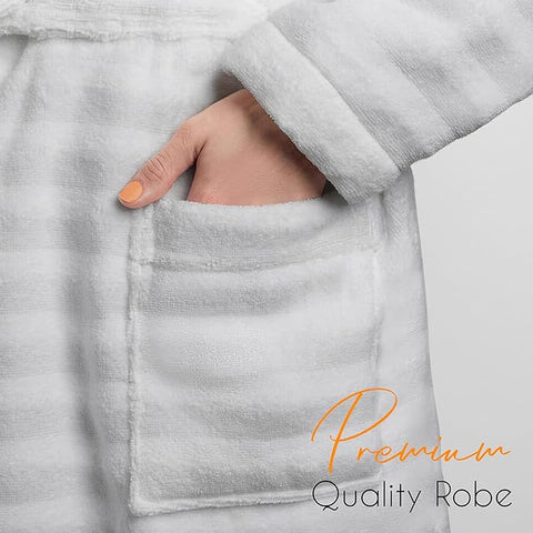 OLIVIA ROCCO Hydro Ribbed Ultra Soft 100 Percent Cotton Hooded Bath Robe With Pockets And Belt White And Grey Luxury Terry Towelling Loungewear