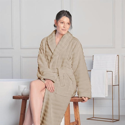 OLIVIA ROCCO Hydro Ribbed Ultra Soft 100 Percent Cotton Hooded Bath Robe With Pockets And Belt White And Grey Luxury Terry Towelling Loungewear