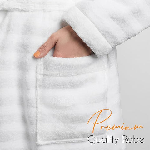 OLIVIA ROCCO Hydro Ribbed Ultra Soft 100 Percent Cotton Hooded Bath Robe With Pockets And Belt White And Grey Luxury Terry Towelling Loungewear