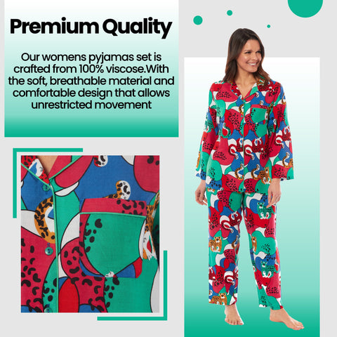 OLIVIA ROCCO Leopard Print Button Up Pyjama Set in Soft Breathable Viscose Sleepwear for Women Daisy Dreamer Sizes S M L XL