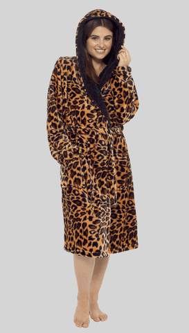 OLIVIA ROCCO Women's Leopard Plush F fleece Hooded Robe With Sherpa Lining, Cozy Thermal Nightwear, UK Sizes 8-22, Daisy Dreamer