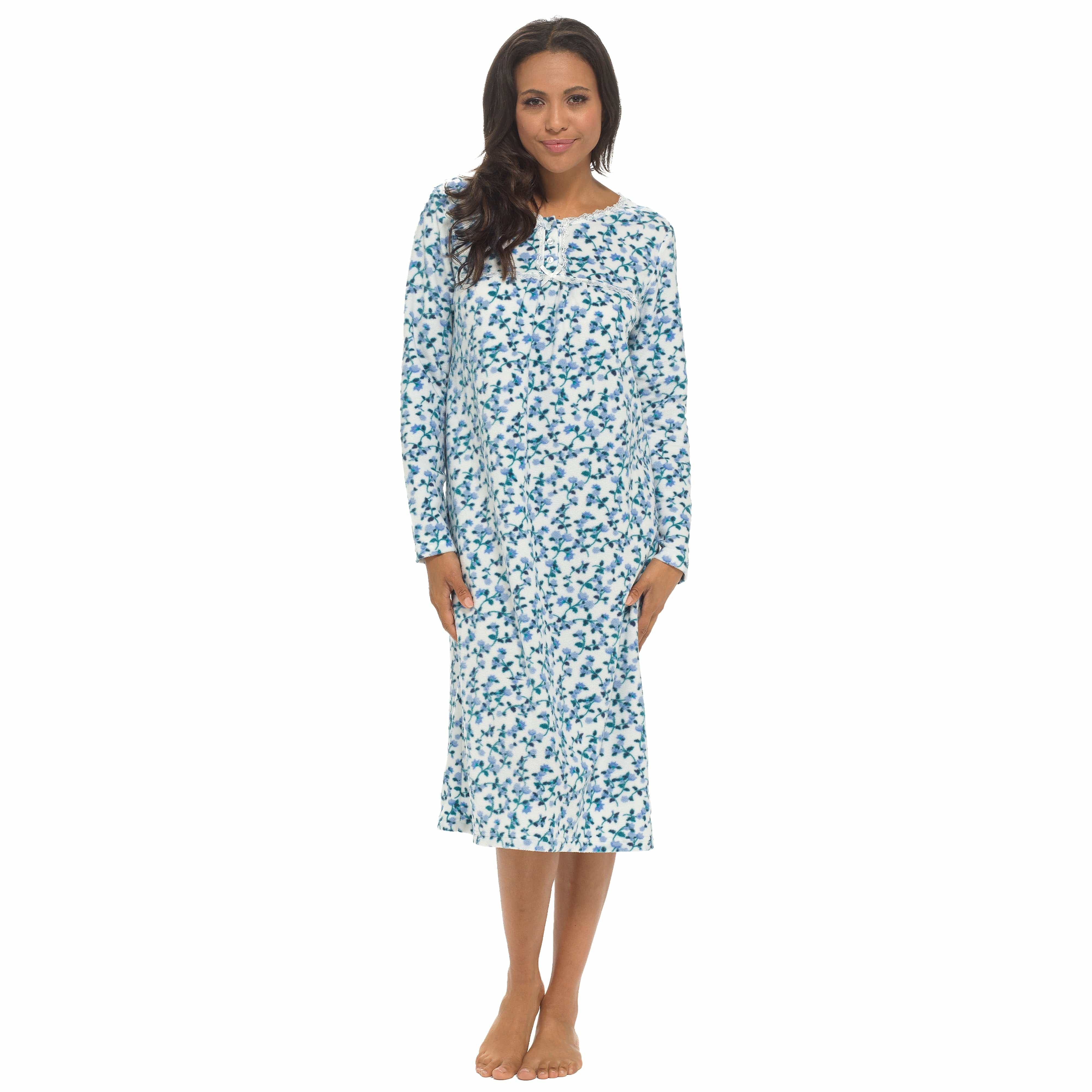 OLIVIA ROCCO Womens Fleece Nightdress Long Sleeve Floral Print Sleepwear Cozy Winter Nightie Available In Multiple Sizes