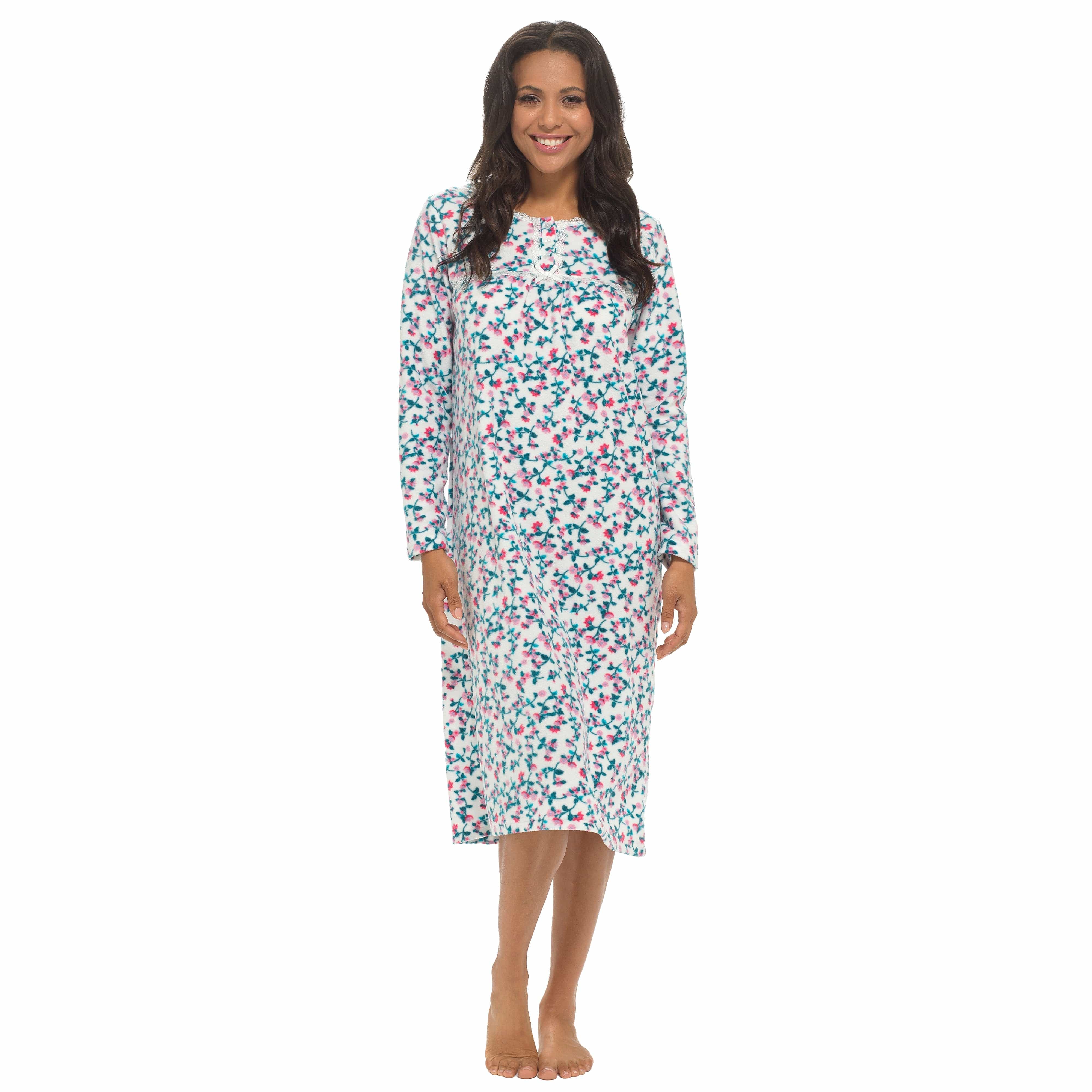 OLIVIA ROCCO Womens Fleece Nightdress Long Sleeve Floral Print Sleepwear Cozy Winter Nightie Available In Multiple Sizes