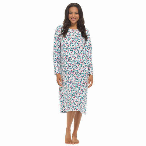 OLIVIA ROCCO Womens Fleece Nightdress Long Sleeve Floral Print Sleepwear Cozy Winter Nightie Available In Multiple Sizes