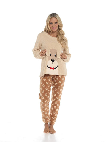 OLIVIA ROCCO Women's Fleece Pyjama Set Dog Snuggle Design Long Sleeve Top Patterned Bottoms Loungewear Sleepwear Size Range