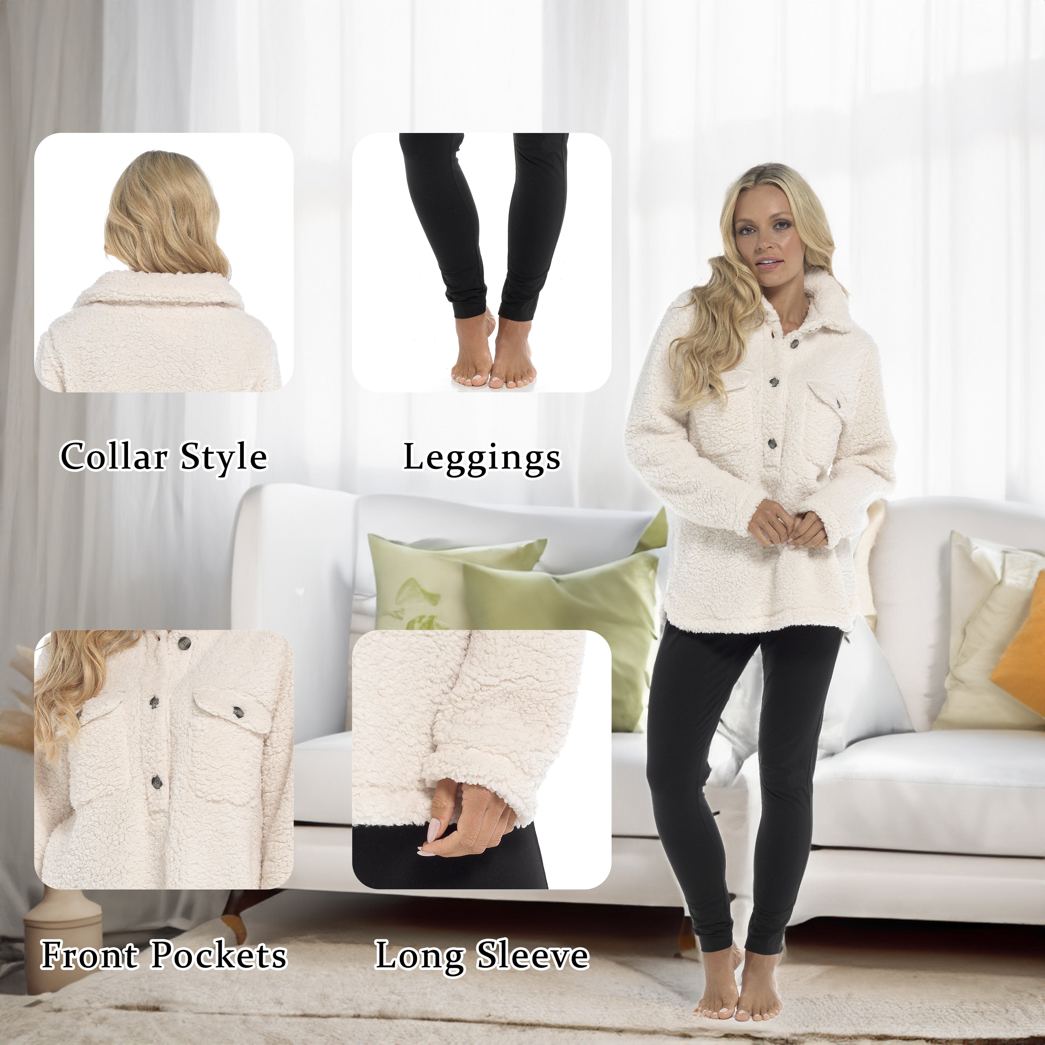 OLIVIA ROCCO Womens Sherpa Top And Leggings Lounge Set With Double Pockets Long Sleeve Lightweight Pajamas Ideal For Chilly Days