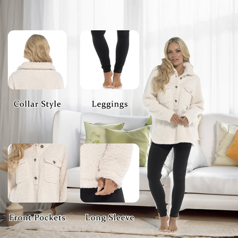 OLIVIA ROCCO Womens Sherpa Top And Leggings Lounge Set With Double Pockets Long Sleeve Lightweight Pajamas Ideal For Chilly Days