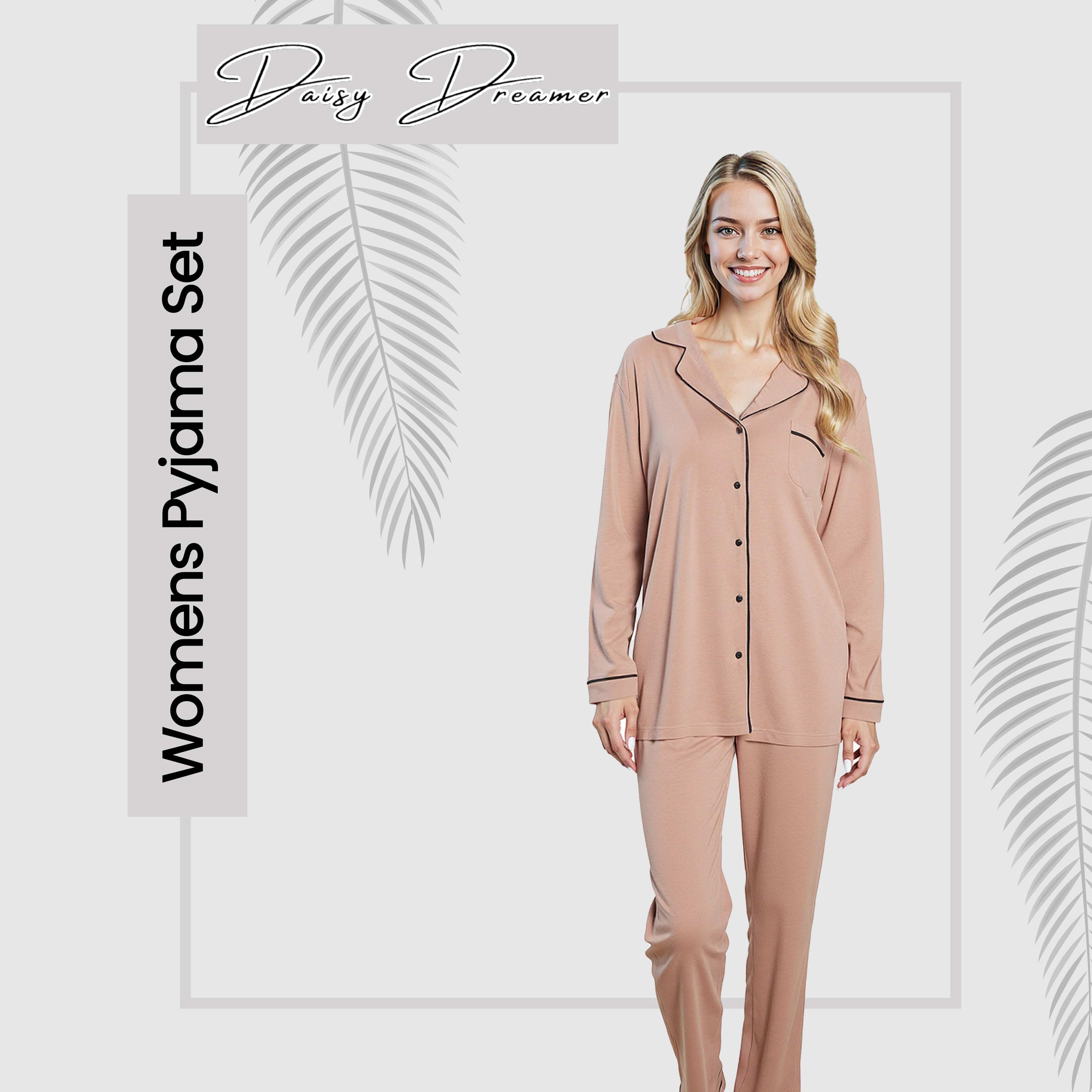 OLIVIA ROCCO Women's Pyjama Set Natural Soft Touch Long Sleeve Button-Up Top and Bottoms Two-Piece Nightwear Daisy Dreamer