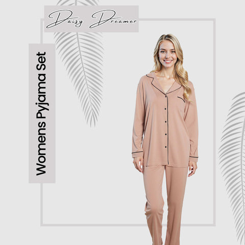 OLIVIA ROCCO Women's Pyjama Set Natural Soft Touch Long Sleeve Button-Up Top and Bottoms Two-Piece Nightwear Daisy Dreamer