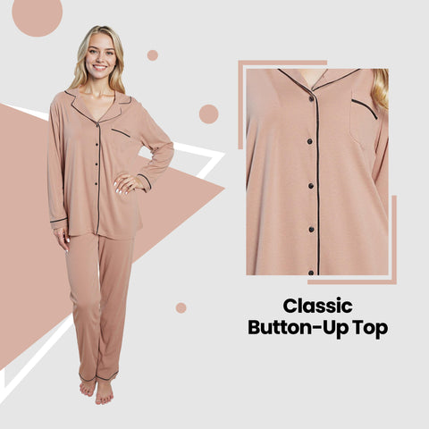 OLIVIA ROCCO Women's Pyjama Set Natural Soft Touch Long Sleeve Button-Up Top and Bottoms Two-Piece Nightwear Daisy Dreamer