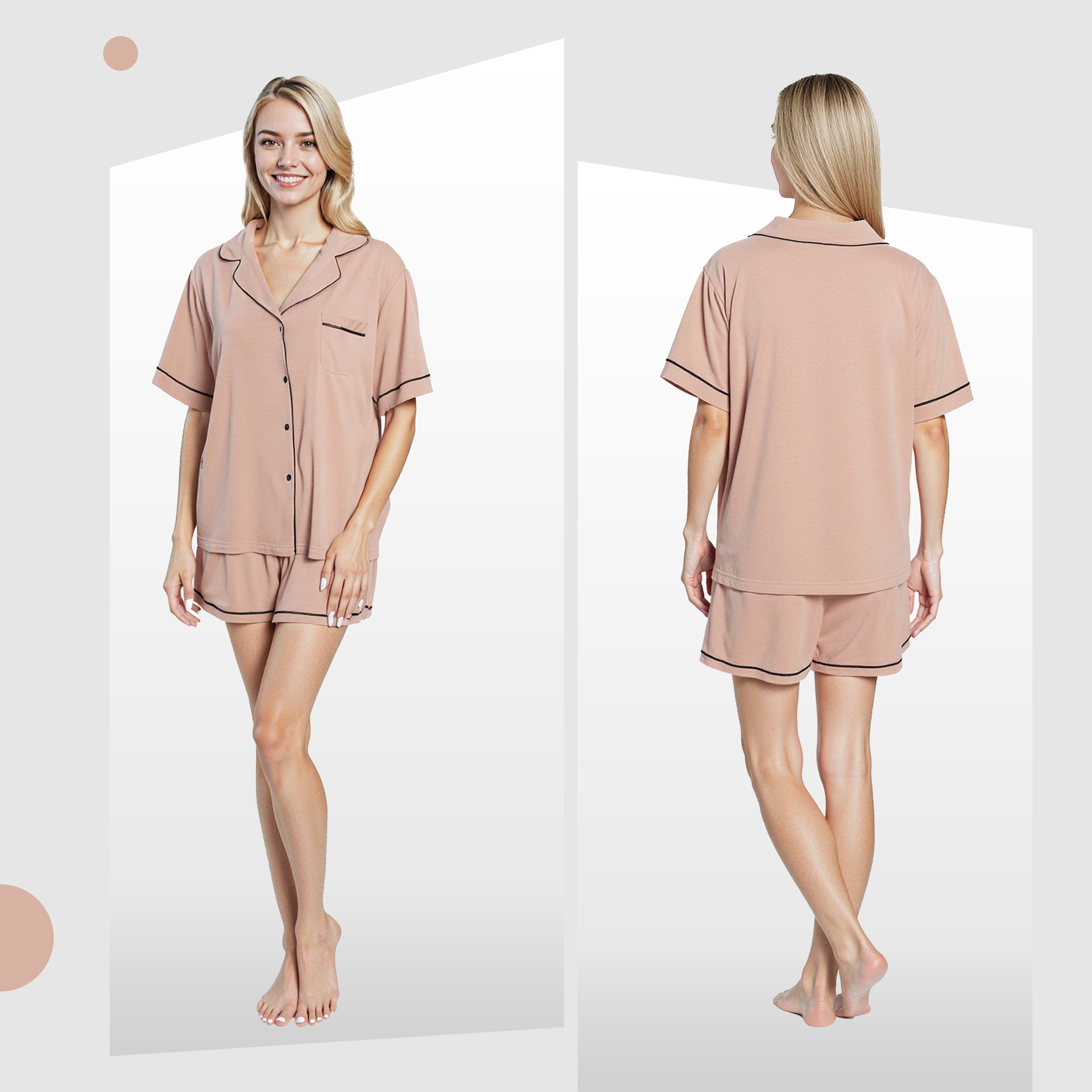 OLIVIA ROCCO Women's Natural Short Pyjama Set Button Up Top And Shorts With Pockets Sleepwear Everyday Comfort Lounge Set