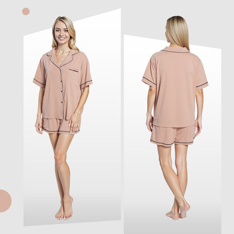 OLIVIA ROCCO Women's Natural Short Pyjama Set Button Up Top And Shorts With Pockets Sleepwear Everyday Comfort Lounge Set