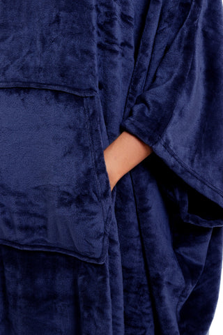 OLIVIA ROCCO Women's Oversized Hooded Poncho Blanket Plush Fleece Navy Charcoal With Double Front Pocket Indoor Outdoor Use