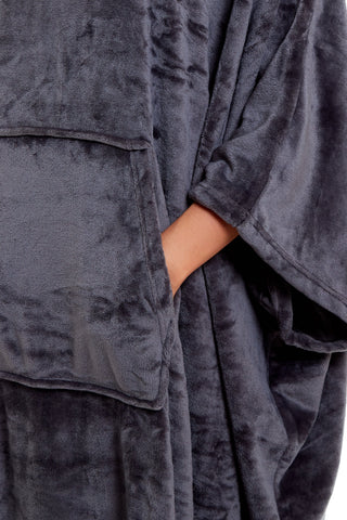 OLIVIA ROCCO Women's Oversized Hooded Poncho Blanket Plush Fleece Navy Charcoal With Double Front Pocket Indoor Outdoor Use