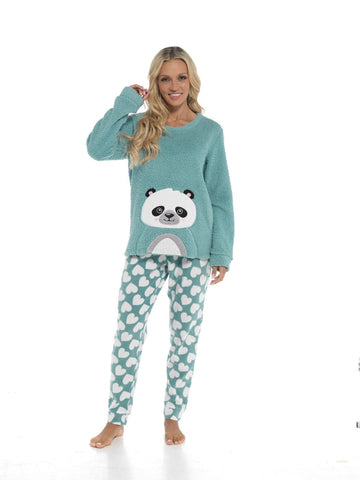 OLIVIA ROCCO Panda Snuggle Fleece Pyjama Set Women With Printed Pants Easy Care Fabric Sizes Small To XL Cozy Winter Loungewear
