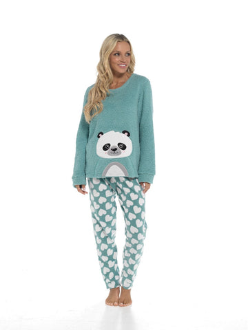 OLIVIA ROCCO Panda Snuggle Fleece Pyjama Set Women With Printed Pants Easy Care Fabric Sizes Small To XL Cozy Winter Loungewear